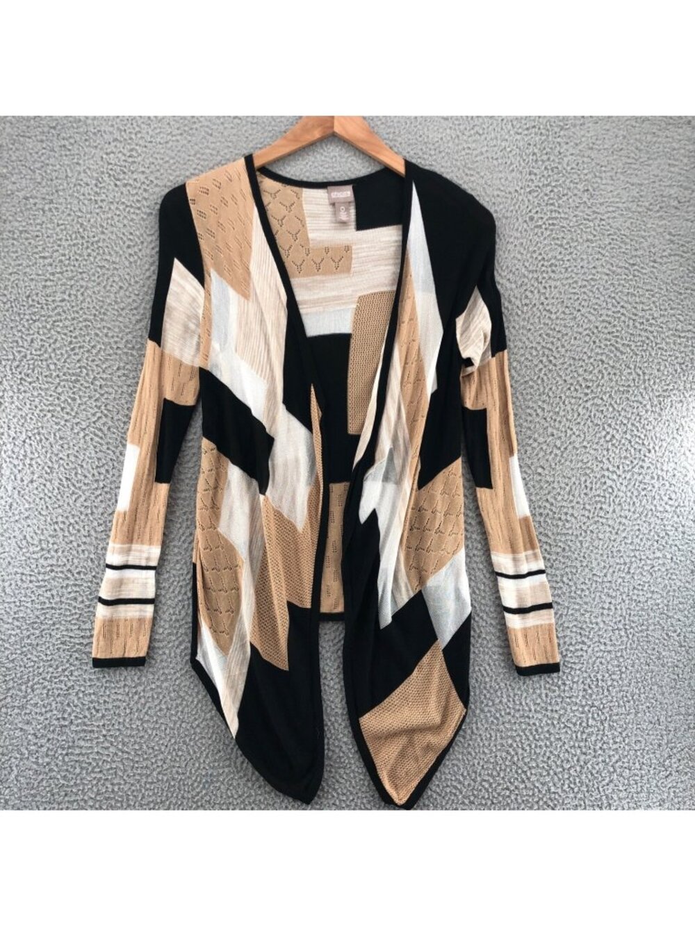 Chicos Sweater Womens 0 US S Beige Black Colorblock Cardigan Loose Knit Stretch